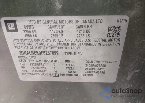 2015 GMC Terrain Sle-2 from USA, damaged, VIN 2GKALREK9F6267099